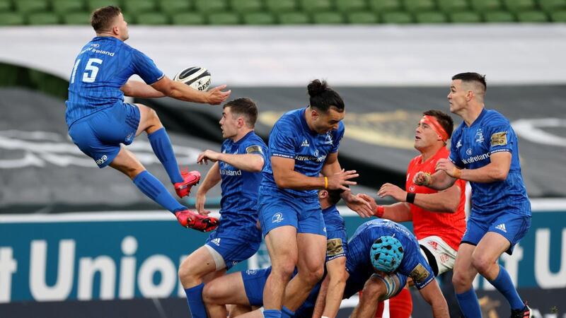 Leinster fullback Jordan Larmour catches a high ball during the Guinness Pro 14 semi-final at the Aviva Stadium. Photograph: Billy Stickland/Inpho