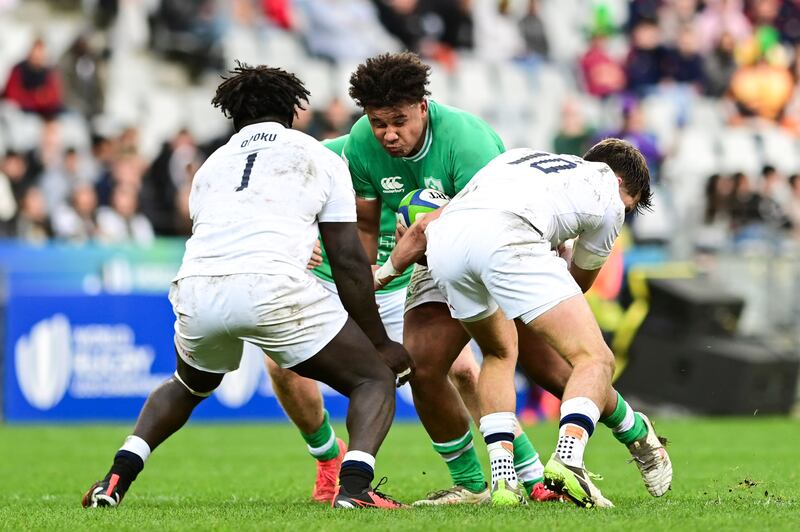 Ireland's Patreece Bell is tackled during the World Rugby Under 20 Championship semi-final at DHL Stadium, Cape Town. Photograph: Darren Stewart/Steve Haag Sports/Inpho