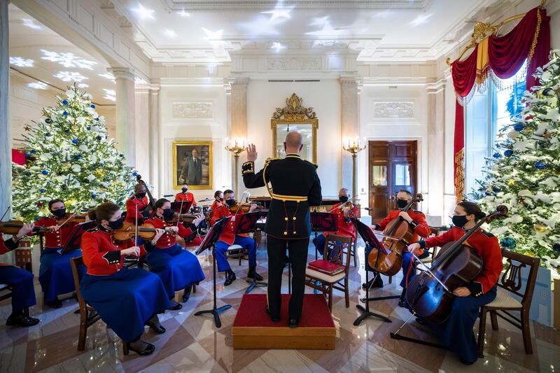 White House Christmas: the US Marine Band plays in the Grand Foyer. Photograph: Jim Lo Scalzo/EPA