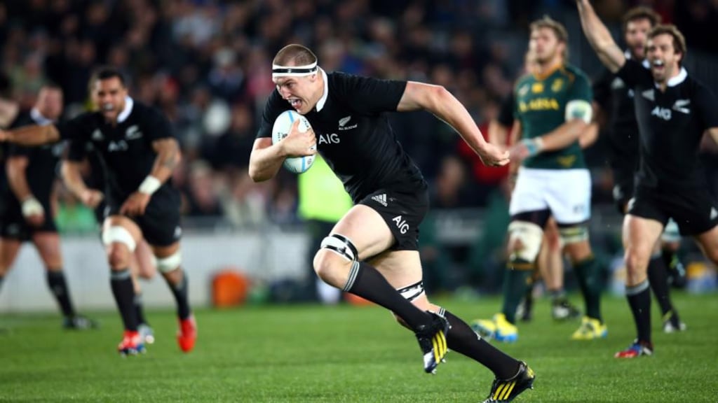 Brodie Retallick of the All Blacks runs in to score a try against South Africa Springboks. Photograph: Phil Walter/Getty Images