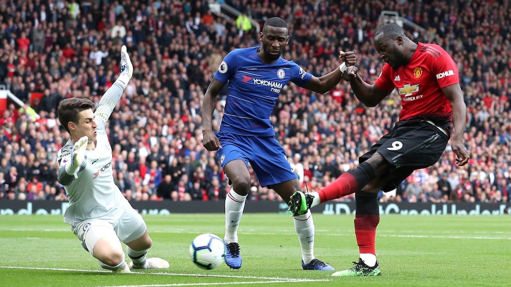 Manchester United’s Romelu Lukaku misses a chance during his side’s 1-1 draw with Chelsea at Old Trafford. Photograph: Martin Rickett/PA