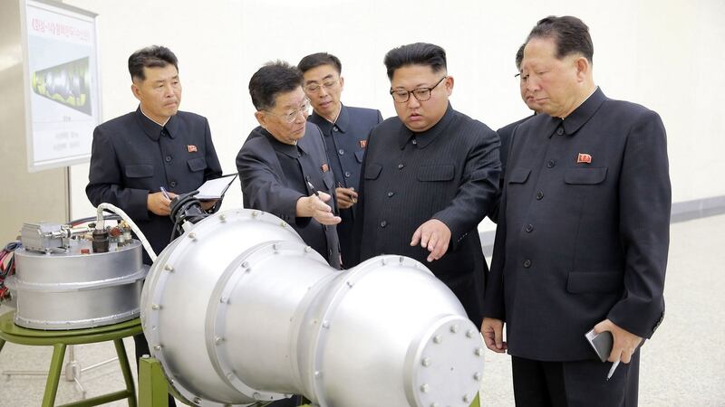 A file image of North Korean leader Kim Jong Un at an undisclosed location. North Korea’s state media on Sunday, said Kim Jong Un had inspected the loading of a hydrogen bomb into a new intercontinental ballistic missile. Photograph: AP