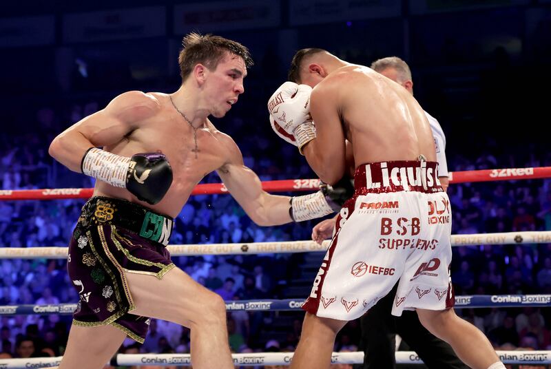 Michael Conlan lands a body punch on Luis Alberto Lopez in the SSE Arena, Belfast last May: the Irish fighter lost the IBF Featherweight World Championship fight. Photograph: William Cherry/Inpho/Presseye