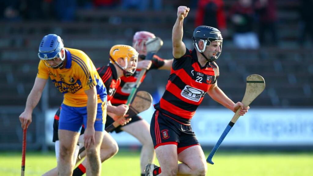 Ballygunner’s JJ Hutchinson celebrates scoring a goal in the AIB Munster SHC quarter-final against Clare’s Sixmilebridge at Walsh Park, Waterford. Photograph: Ken Sutton/Inpho