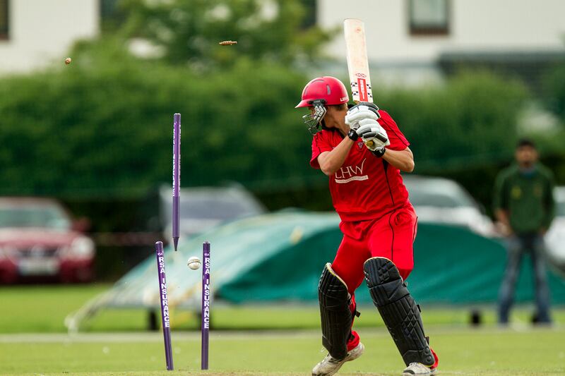 Last ball, three to win: YMCA batsman Bobby Gamble is bowled by Max Sorensen of The Hills during the Alan Murray Cup semi-final at Sydney Parade in August 2014. Photograph: Rodney Smythe