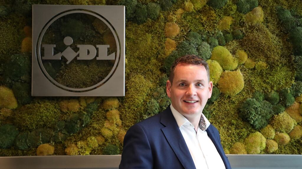 JP Scally, chief executive of Lidl Ireland, is interviewed by Mark Paul. Photograph: Nick Bradshaw/The Irish Times