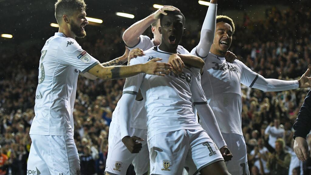 Eddie Nketiah of Leeds United celebrates with his team mates after scoring a late winner in their Championship victory over Brentford. Photo: George Wood/Getty Images