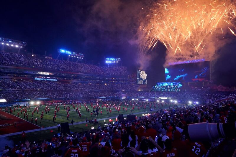 Pyrotechnics go off during the Halftime show. Photograph: Chang W Lee/The New York Times
