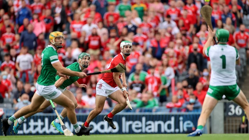 Cork’s Shane Kingston scores his side’s opening goal. Photograph: James Crombie/Inpho