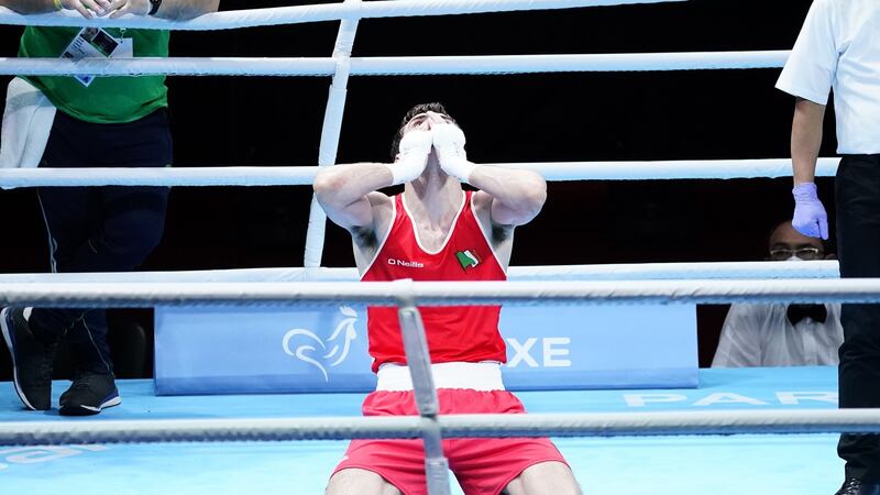 Ireland’s Aidan Walsh celebrates after beating Yevhenii Barabanov of Ukriane during the European Boxing Road To Tokyo Qualifier at Le Grand Dome, Villebon-sur-Yvette in Paris. Photograph: Dave Winter/Inpho