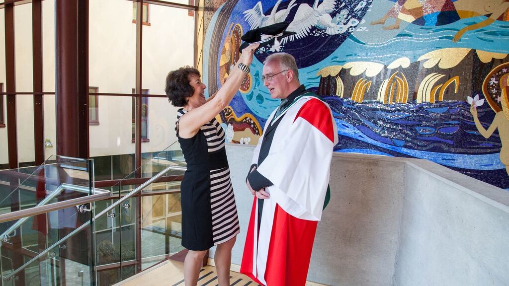 Joseph O’Connor, the Frank McCourt Chair in Creative Writing,  with Ellen McCourt, wife of the late Frank McCourt, at his inaugural lecture at the University of Limerick. “When taught well to a student who wants to engage, an arts degree develops the ability to think independently, to sift and weigh evidence, to be able to express views critically, to approach the world with a degree of skepticism but not cynicism.” Photograph:  Alan Place/ FusionShooters