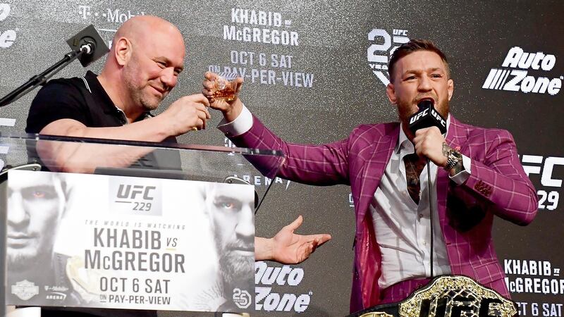 UFC president Dana White shares an Irish Whiskey with Conor McGregor during a press conference at Radio City Music Hall in New York on September 20th, 2018 announcing his fight with Khabib Nurmagomedov. Photograph: Steven Ryan/Getty Images