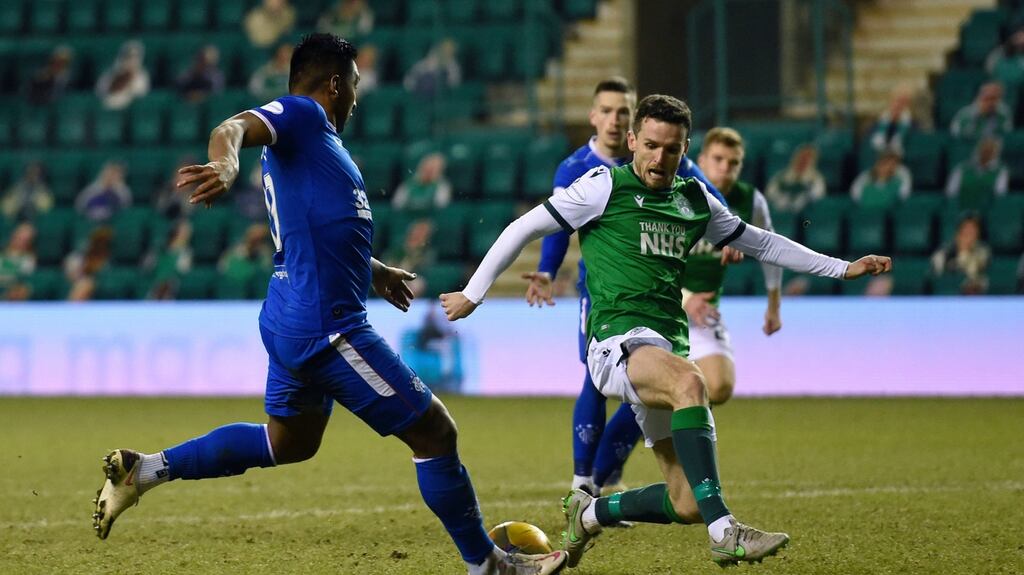 Rangers’ Alfredo Morelos scores the winner during the Ladbrokes Scottish Premiership match against Hibernian at Easter Road. Photo: Ian Rutherford/PA Wire