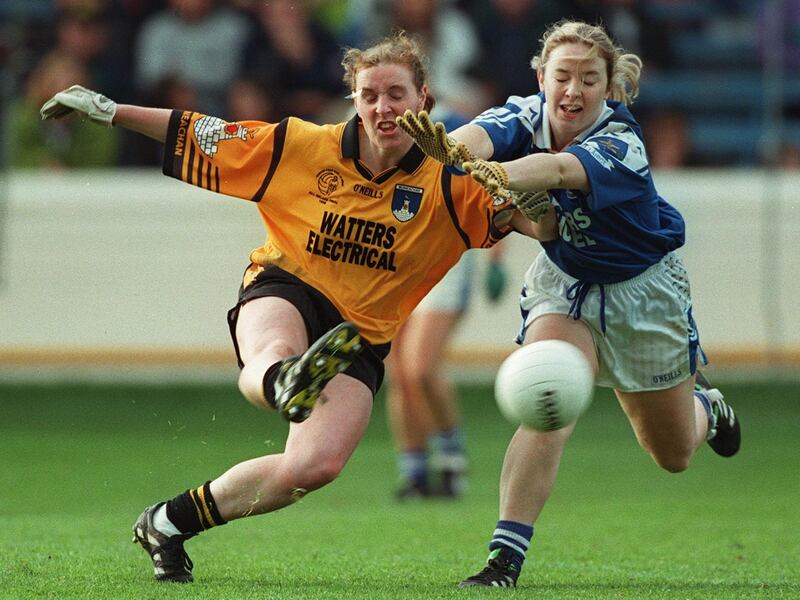 Mairead Kelly of Monaghan and Claire Ryan of Waterford during the first televised All-Ireland final in 1998. Photograph: Lorraine O'Sullivan/Inpho