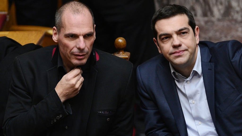 Then Greek finance minister Yanis Varoufakis and prime minister Alexis Tsipras in the Greek parliament last February. Despite a tumultuous year Tsipras “has managed to bring the Greek people with him”, said Suzanne Lynch. Photograph: Louisa Gouliamaki/AFP/Getty Images