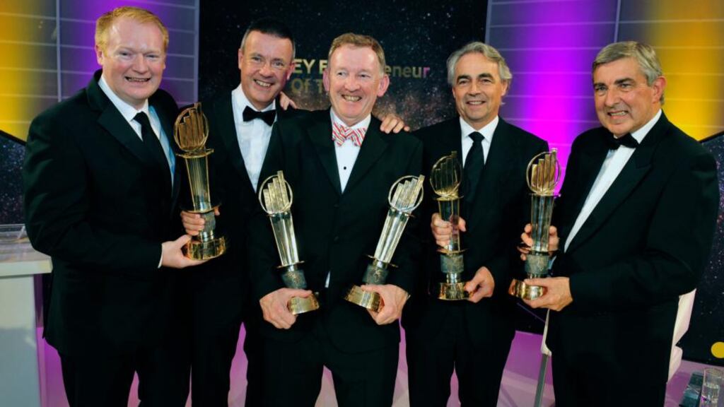 Winners of the EY Entrepreneur of the Year  Kieran Fitzpatrick and Maurice Curran from Barracuda FX, Patrick Joy from Suretank, Brian Hogan from KSG and Special Award winner Denis Brosnan from Kerry Group. Photograph: Aidan Crawley