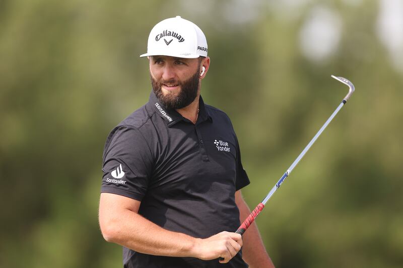 Jon Rahm looks across the practice range prior to the DP World Tour Championship on the Earth Course at Jumeirah Golf Estates. Photograph: Oisin Keniry/Getty Images