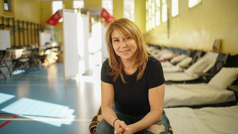 Mayor of Piaseczno Hanna Kulakowska Michalak in the temporary refugee accommodation. Photograph: Enda O’Dowd