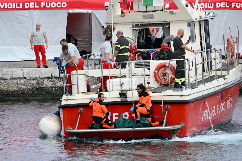 Rescuers arrive with a body bag at the back of the boat in Porticello near Palermo, two days after the British-flagged luxury yacht Bayesian sank. Photograph: Alberto Pizzoli/AFP via Getty Images)