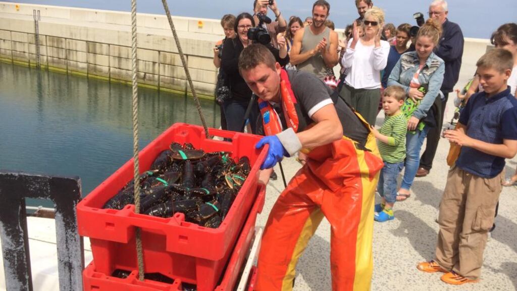 Lobster trays being off-loaded from the fishing boat Golden Venture at Greystones Harbour today. Photograph: Peter Murtagh/The Irish Times