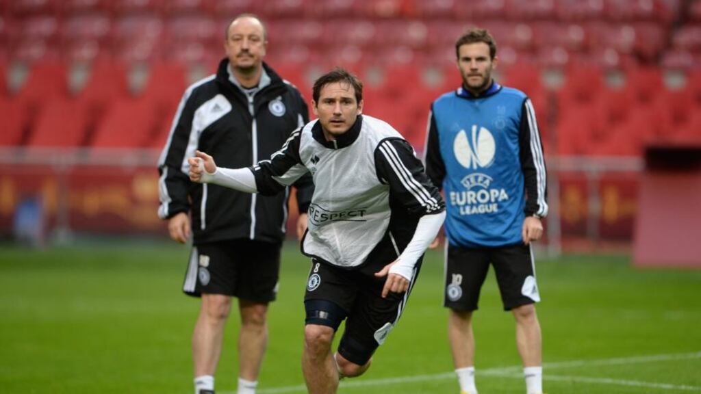 Frank Lampard of Chelsea during a Chelsea training session ahead of the Uefa Europa League final against Benfica at the Amsterdam ArenA. Photograph: Michael Regan/Getty Images