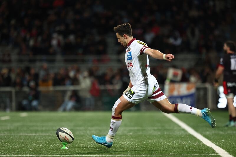 Joey Carbery, Bordeaux-Begles' outhalf, slots a penalty during the French Top14 game aginst Lyon. Photograph: Alex Martin/AFP/Getty Images