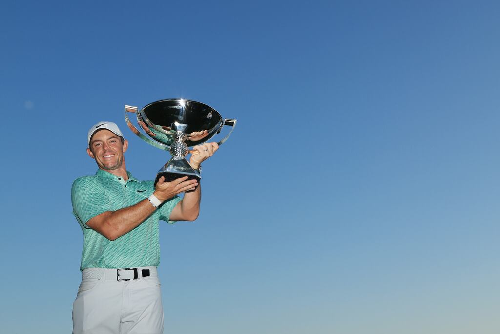 Rory McIlroy of Northern Ireland celebrates with the FedEx Cup. Photograph: Sam Greenwood/Getty Images