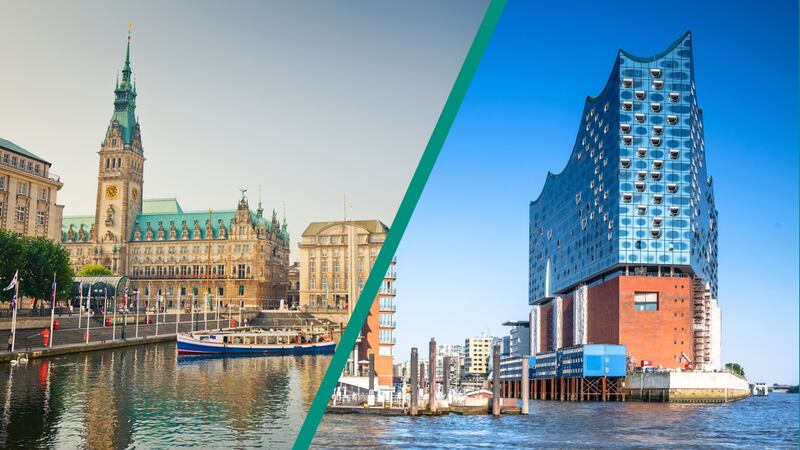 An aerial view of Hamburg’s main square and the modern architecture that shapes the waterfront