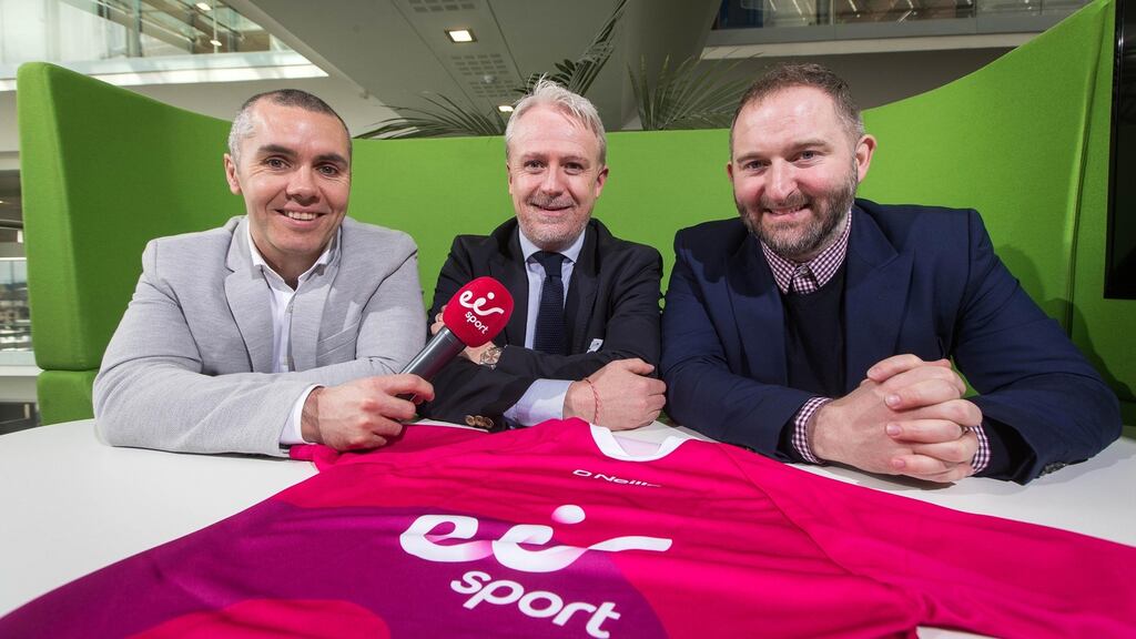 Dave McIntyre, eir Sport commentator, Brian Quinn, marketing and operations director, and Ger Gilroy, eir Sport presenter at the announcement of the company’s five year deal to broadcast live club football and hurling championship games. Photograph: Inpho