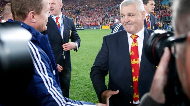 British and Irish Lions' head coach Warren Gatland shakes hands with Brian O'Driscoll after winning their series over Australia. Photograph: David Gray/Reuters