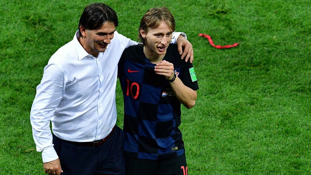 Croatia’s Luka Modric and manager Zlatko Dalic celebrate after their 2018 World Cup semi-final win over England in Moscow. Photo: Mladen Antonov/Getty Images