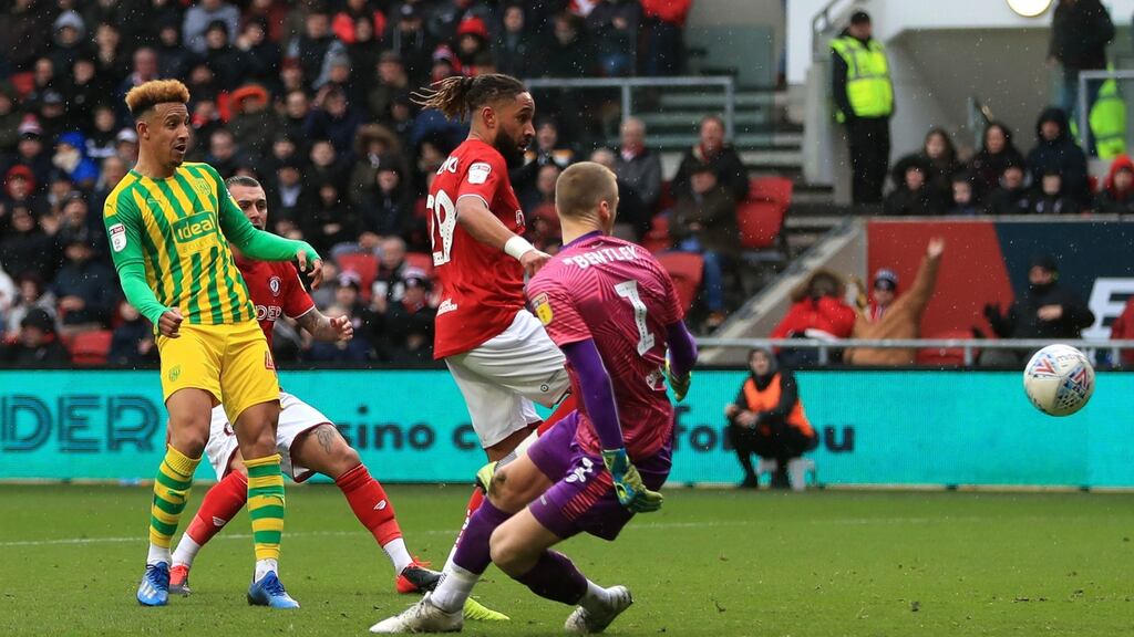 West Bromwich Albion’s Callum Robinson scores at Ashton Gate. Photograph: PA