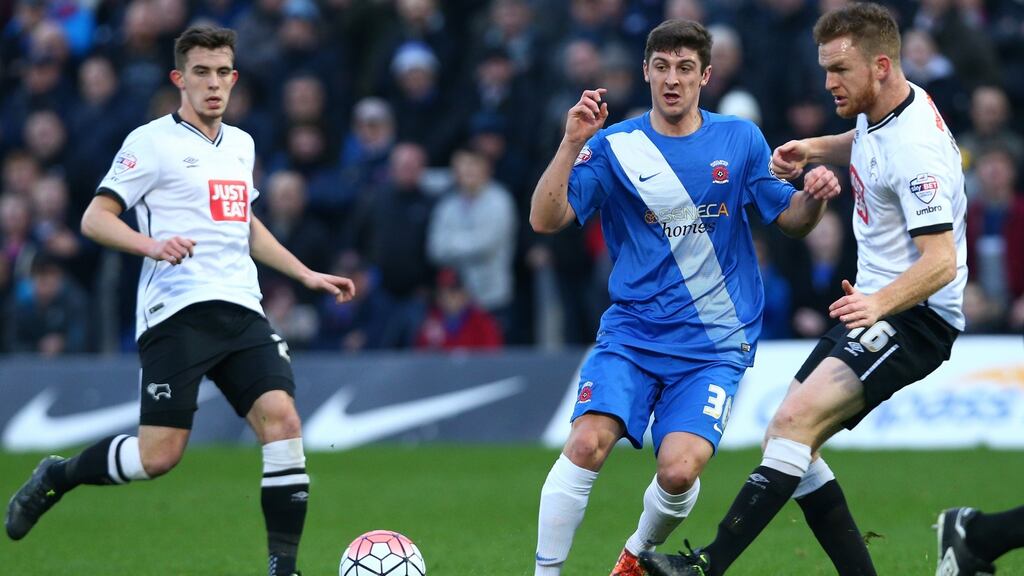 Central defender Alex Pearce (right) has gone on loan from Derby County to Bristol City in a bid to boost his chances of making the Republic of Ireland squad for Euro 2016. Photograph: Mark Runnacles/Getty Images
