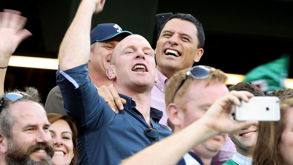 Paul O’Connell and Doug Howlett celebrate Ireland’s win over New Zealand in Chicago. Photograph: Inpho/Dan Sheridan