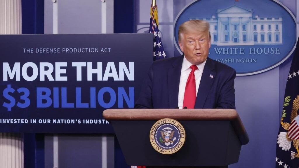 US president Donald Trump at a news conference at the White House in which he announced that Eastman Kodak would receive a loan to manufacture ingredients used in pharmaceuticals. Photograph: Alex Wong/Getty Images