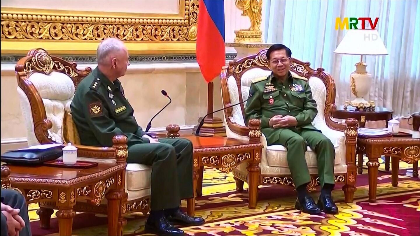 Russia’s deputy defence minister Alexander Fomin meets Myanmar armed forces chief senior general Min Aung Hlaing in Naypyidaw on Friday. Photograph: Myanmar Radio and Television/AFP via Getty