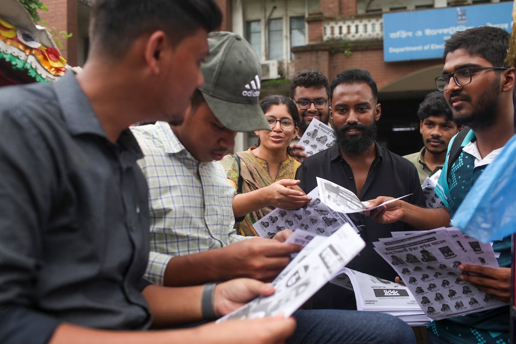 Independent candidate Umama Fatema, third left, campaigns at the University of Dhaka. Photograph: MD Abu Sufian Jewel/Getty