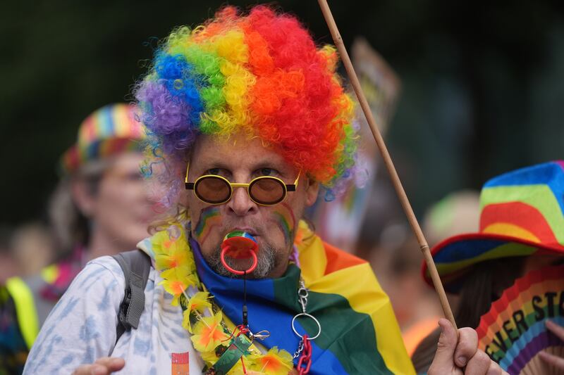 People take part in the Belfast Pride Parade, in the city centre. The parade started in 1991 and over the last 30 years has grown to be the largest single parade in Northern Ireland. Photograph: Brian Lawless/PA Wire