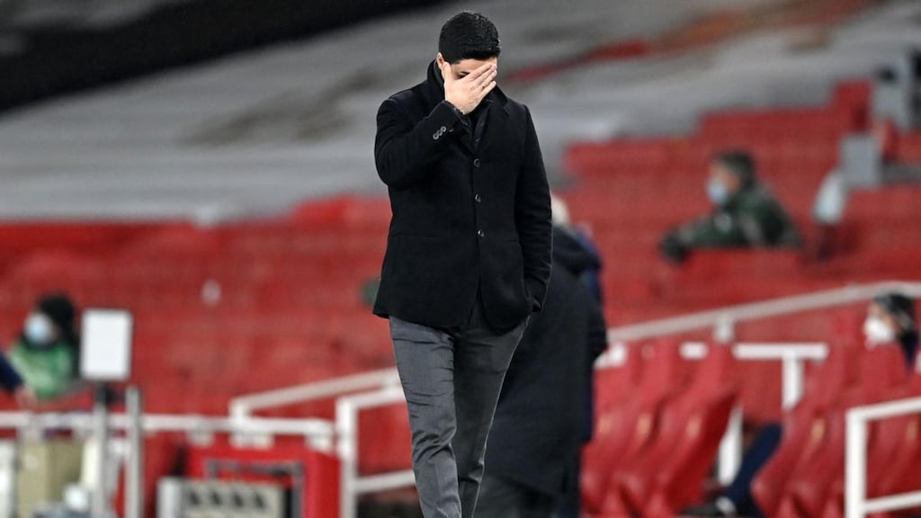 Mikel Arteta looks frustrated during Arsenal’s draw with Crystal Palace. Photograph: Neil Hall/Getty/AFP