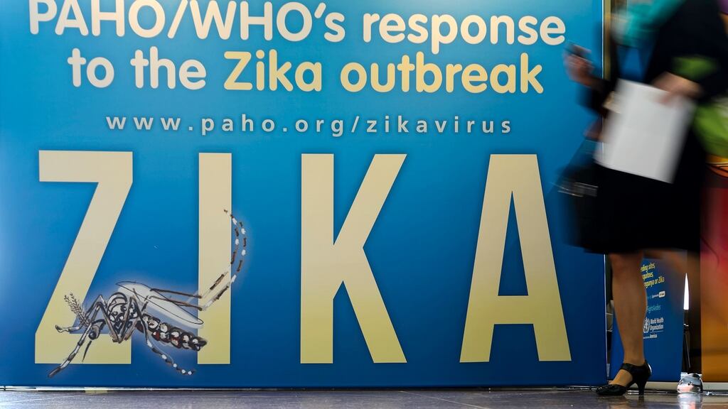 A banner on the Zika virus outbreak on display  at the opening of the World Health Assembly, with some 3,000 delegates from its 194 member states attending, on May 23rd, 2016 in Geneva. Photograph: Fabrice Coffrini/AFP/Getty Images