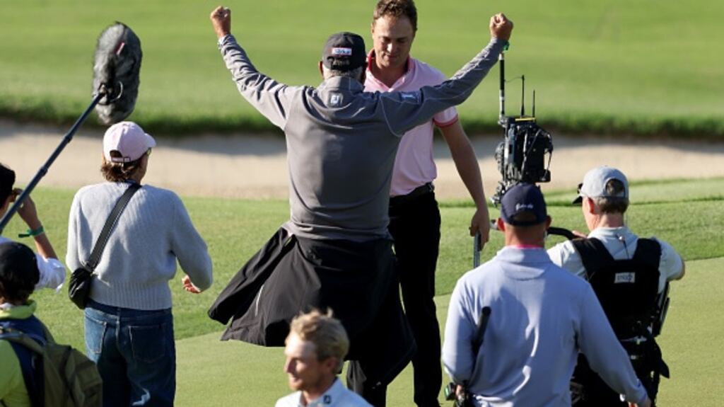 Justin Thomas celebrates after winning the US PGA. Photograph: Christian Petersen/Getty Images