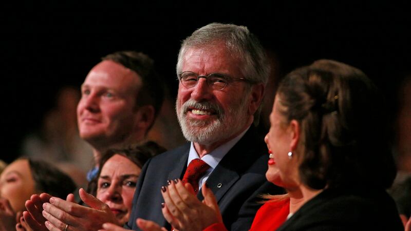 Sinn Féin ardfheis: Gerry Adams with Mary Lou McDonald, his deputy, before his speech. Photograph: Nick Bradshaw