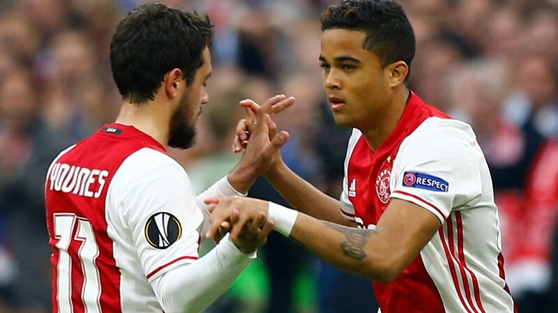 Kluivert comes on as a substitute to replace Amin Younes in the first leg. Photo: Michael Kooren/Reuters