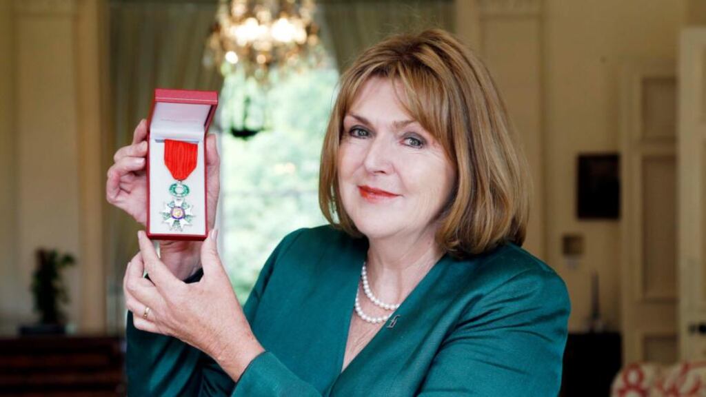 Mary Lawlor, founder and executive director of Front Line Defenders, after receiving the Order of Chevalier of the Legion d’Honneur from French ambassador Jean-Pierre Thébault at his Dublin residence last night. Photograph: Conor McCabe