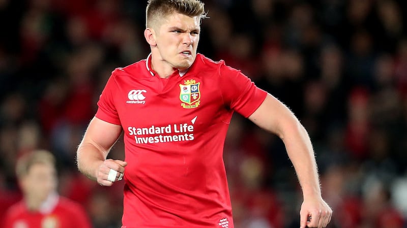 Owen Farrell celebrates kicking the penalty to level the match against New Zealand during the third Test at Eden Park in Auckland in 2017. Photograph: Dan Sheridan/Inpho
