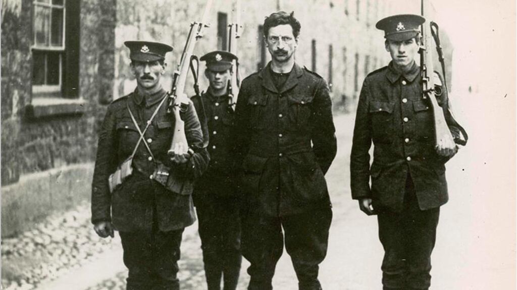 Eamon de Valera under arrest in Richmond Barracks, Dublin after the 1916 Rising. Fractures by Uncut Diamonds is a  play looking at the legacy of  1916  and the contrast between the idealism of the Proclamation and the reality of the State it created, Marino College, North Strand Road. See Dublin