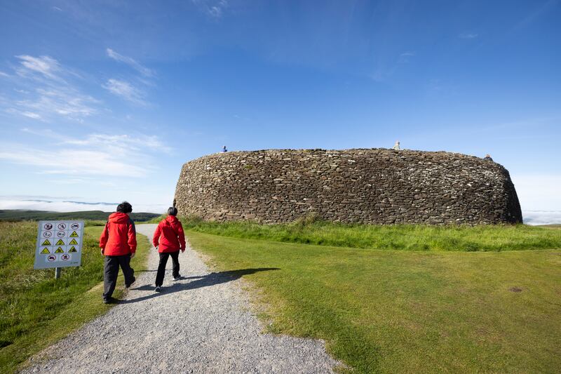 Tourists at the site of the Stone Fort of Grianán of Aileach in Inishowen, Co Donegal. Photograph: Joe Dunne for The Irish Times