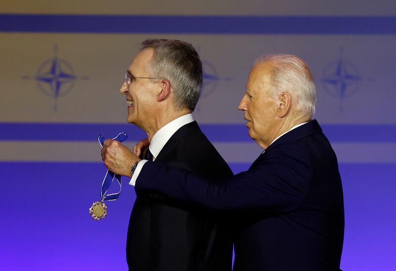 Joe Biden awards the Presidential Medal of Freedom to Nato secretary general Jens Stoltenberg. Photograph: Kevin Dietsch/Getty