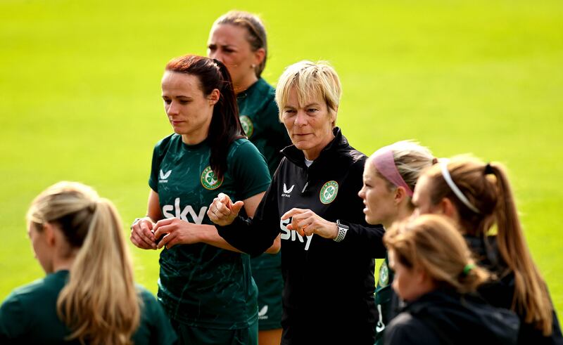Vera Pauw takes an Ireland training session at UCD. Photograph:  Ryan Byrne/Inpho