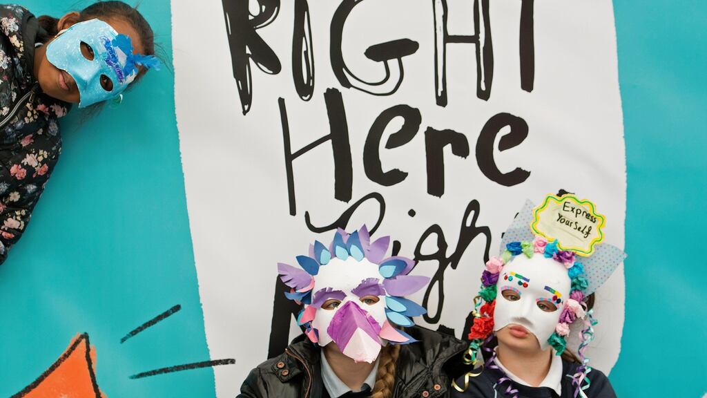 Hana Babye, Summer Rice and Leah Dayman, all from Presentation Primary George’s Hill school, took part in the Children’s Rally on Friday in Dublin. Photograph: Dave Meehan/ The Irish Times